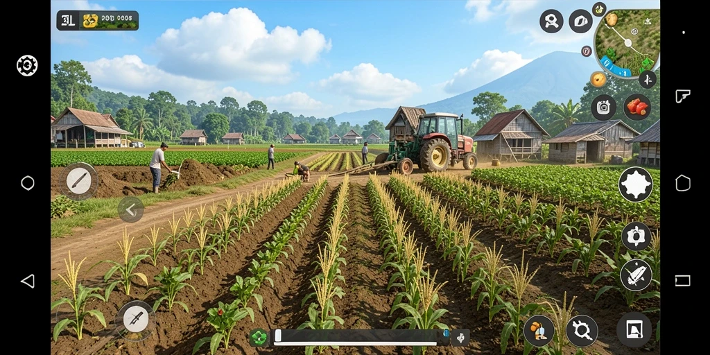 Screenshot gameplay 33L dengan suasana pertanian yang cerah dan interaktif.