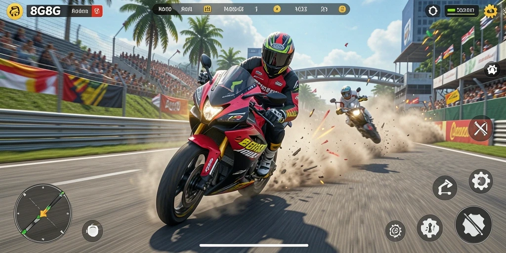 Tampilan gameplay menegangkan di 8G8G dengan aksi balapan motor.