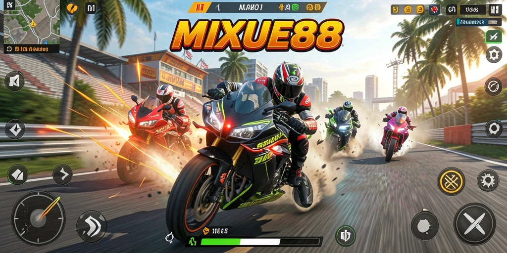 Tampilan gameplay seru dalam MIXUE88 dengan adrenalin balapan motor.