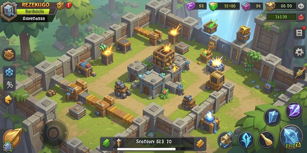Screenshot gameplay menampilkan menara pertahanan dalam aksi melawan musuh.