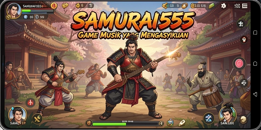 Screenshot gameplay SAMURAI555 dengan antarmuka musik interaktif.