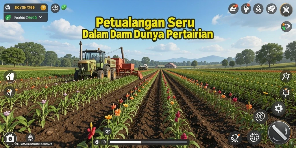 Tangkapan layar gameplay <strong>SKY99</strong> menampilkan kebun yang subur dan interaksi pemain.